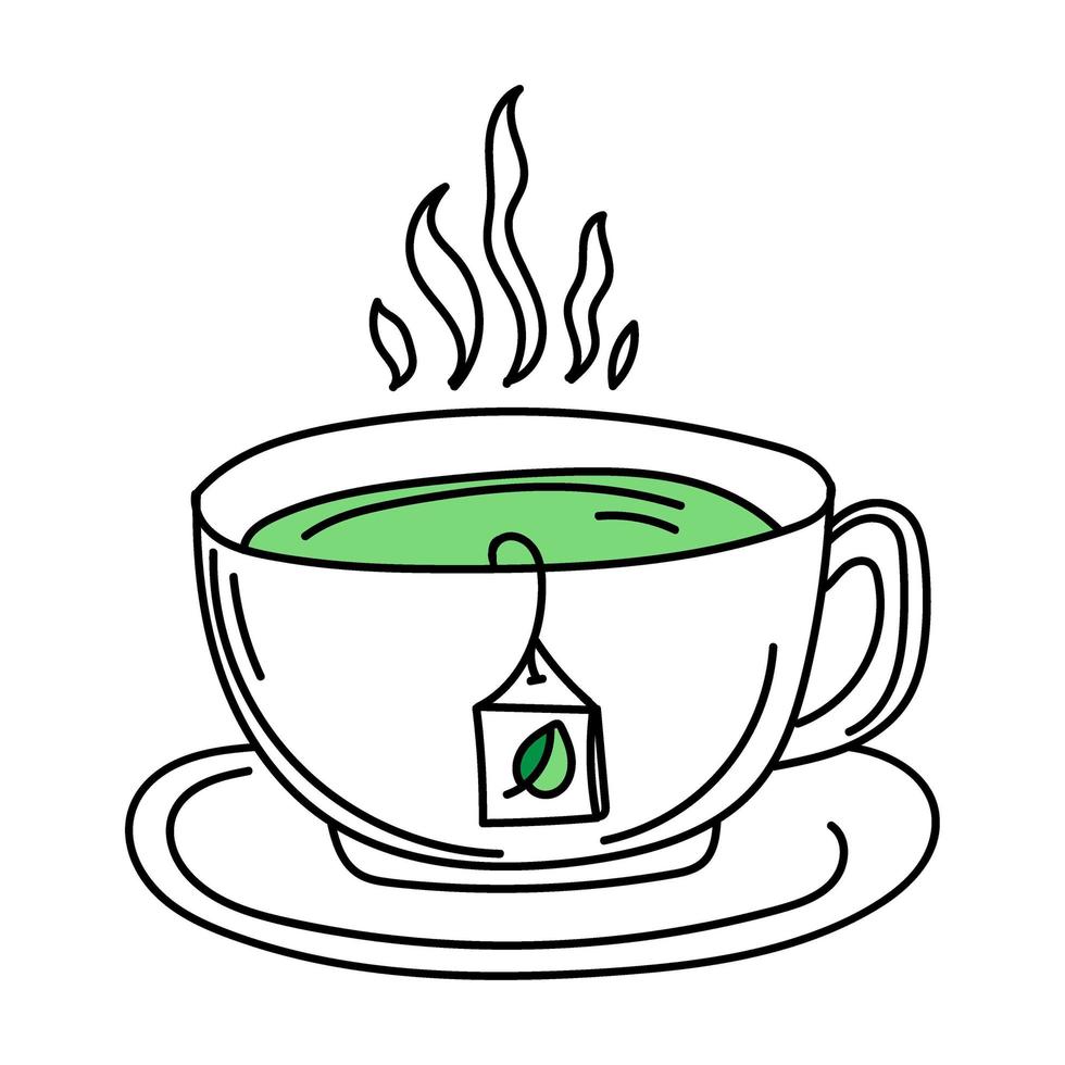 een handgetekende kopje groene thee in doodle-stijl. een warme drank. tijd om op te staan. ontbijt. ochtend. een eenvoudige doodle-vector. vector