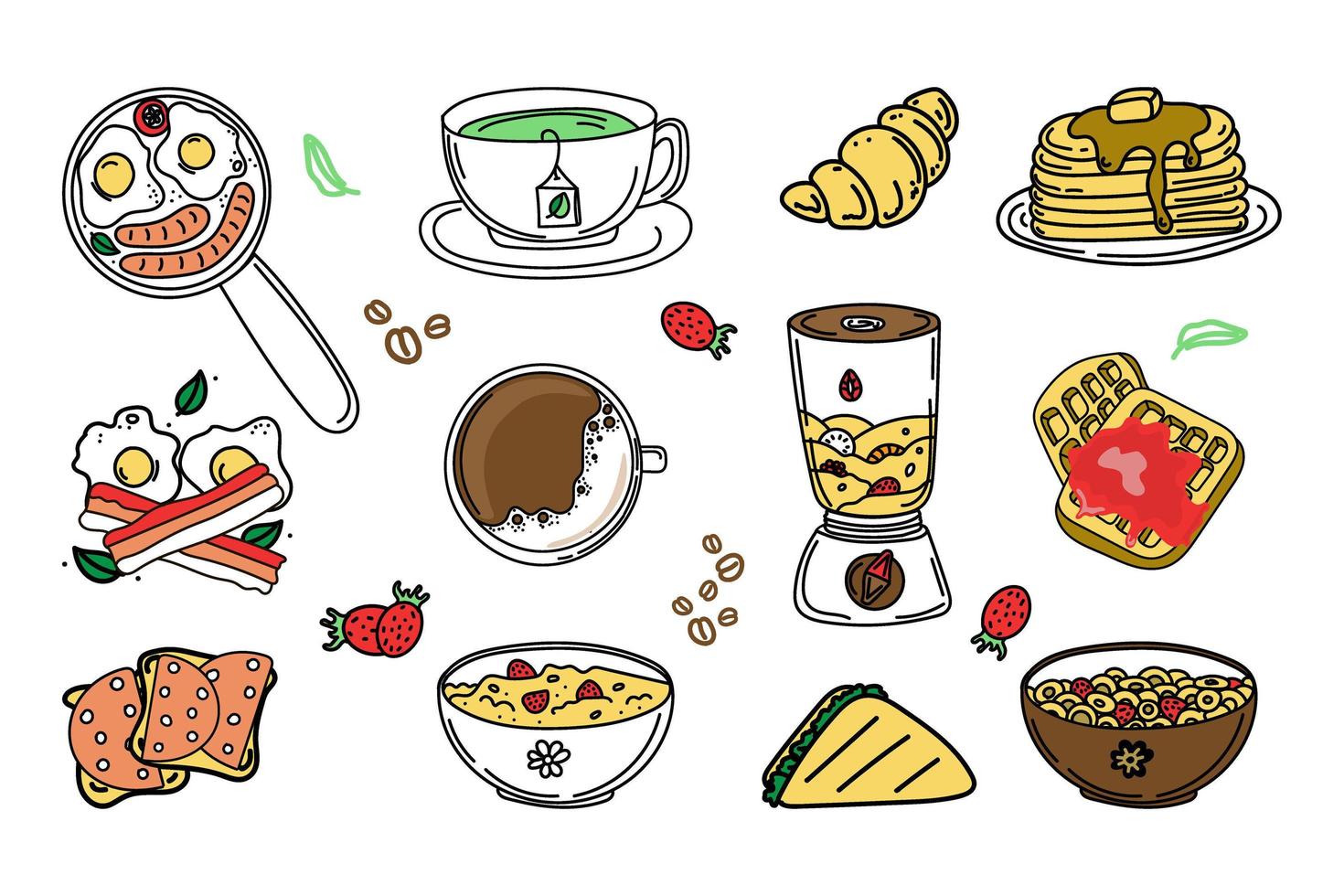 een set ontbijtproducten en -dranken. handgetekende doodle-stijlelementen. ontbijt. Goedemorgen. pannenkoeken op een bord, wafels, pap met bessen, ontbijtgranen, koffie en thee. eenvoudige vector in krabbel.