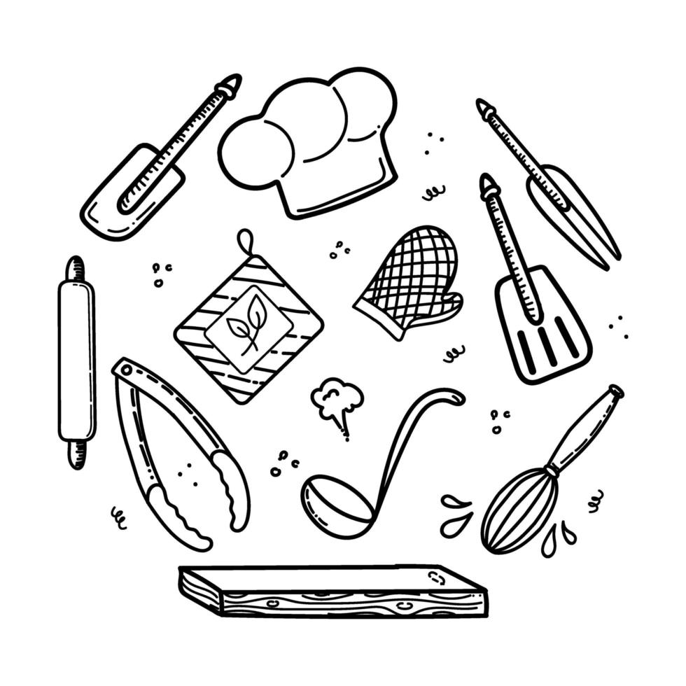 handgetekende koksgereedschap en kleding in doodle-stijl. vectorillustratie in de vorm van pictogrammen. koksmuts, ovenwanten, snij- en snijplank en schort. een deegroller, diverse spatels en tangen. vector