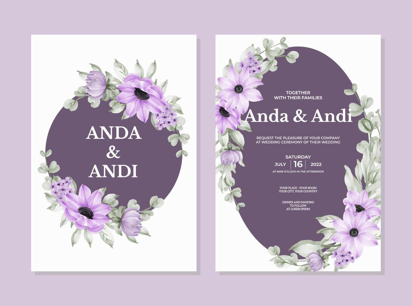 trouwkaart set met mooie zachte paarse bloem en blaadjes vector