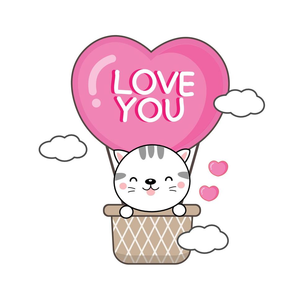 schattige kat in hete lucht balloon.valentine's day card. vector