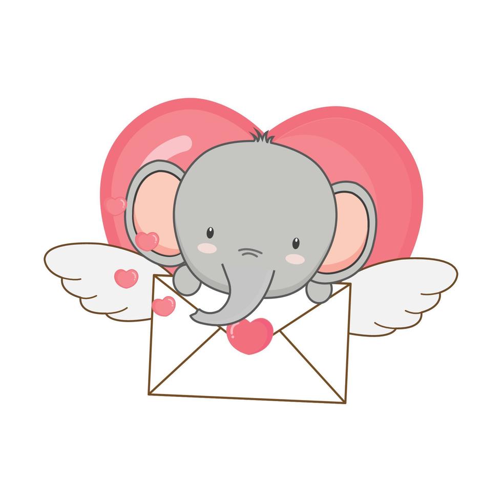 schattige olifant met envelop en hart. Valentijnsdag wenskaart. vector