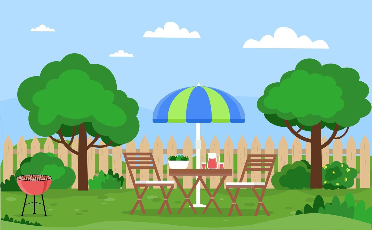 huis achtertuin met meubels, bomen, struiken, gazon, bloemen. relaxzone met tafel, stoelen, barbecue. vectorillustratie in vlakke stijl. vector