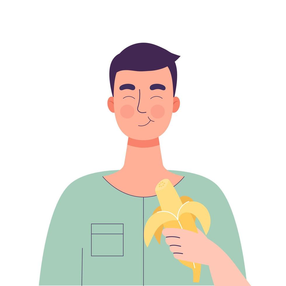 gelukkige leuke man die banaan eet. gezond voedselconcept, gezonde snack. fruit, vitamines voor de gezondheid. platte vector geïsoleerde illustratie op witte achtergrond