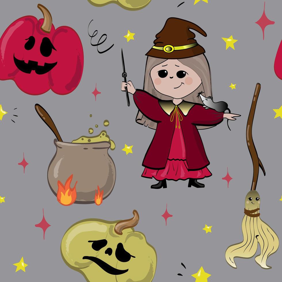 Halloween naadloos patroon met pompoenen, heks, kokende ketel en bezem. vector