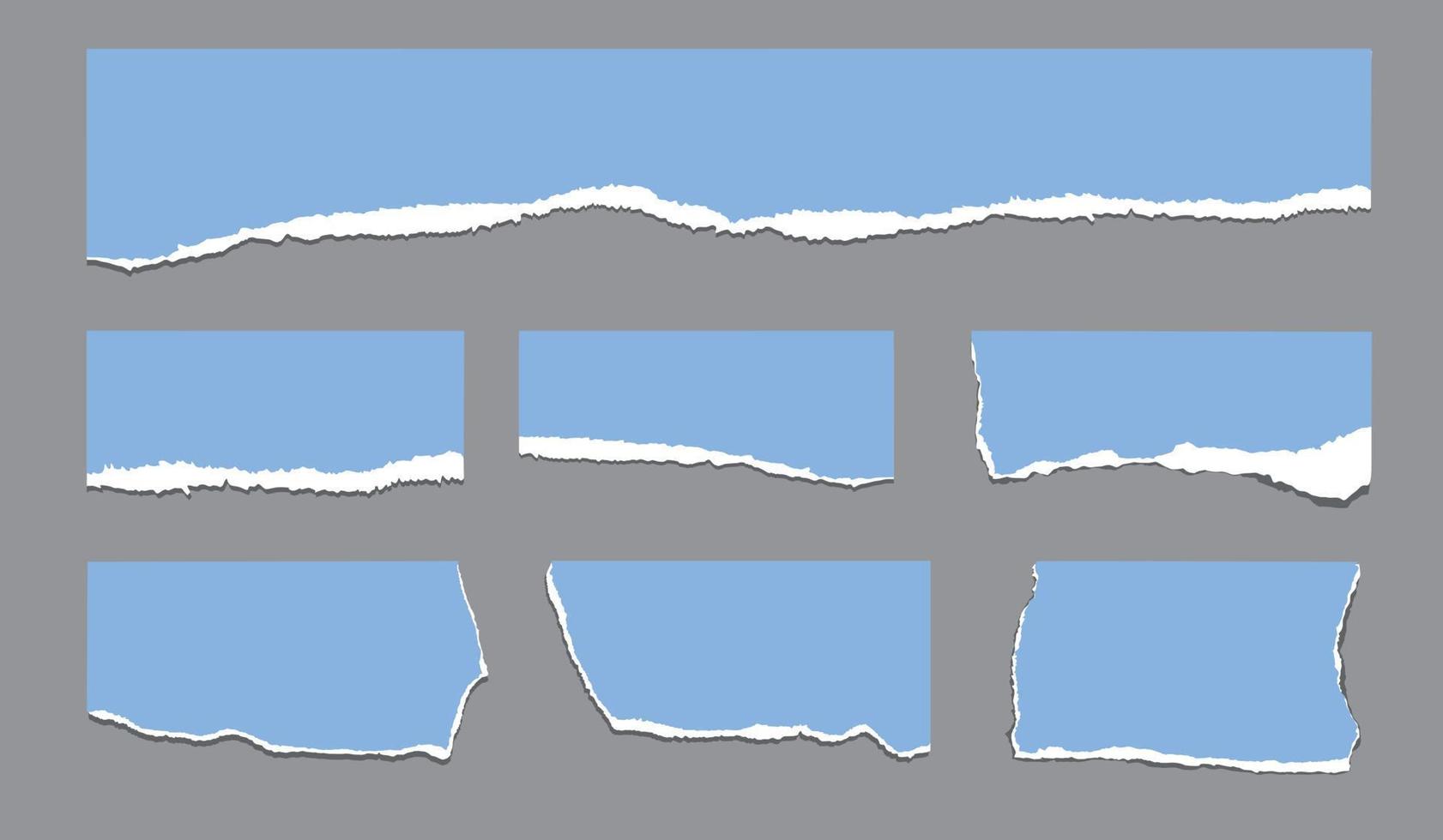 een verzameling blauwe gescheurde papieren stroken. vectorbestanden op grijze achtergrond. vector