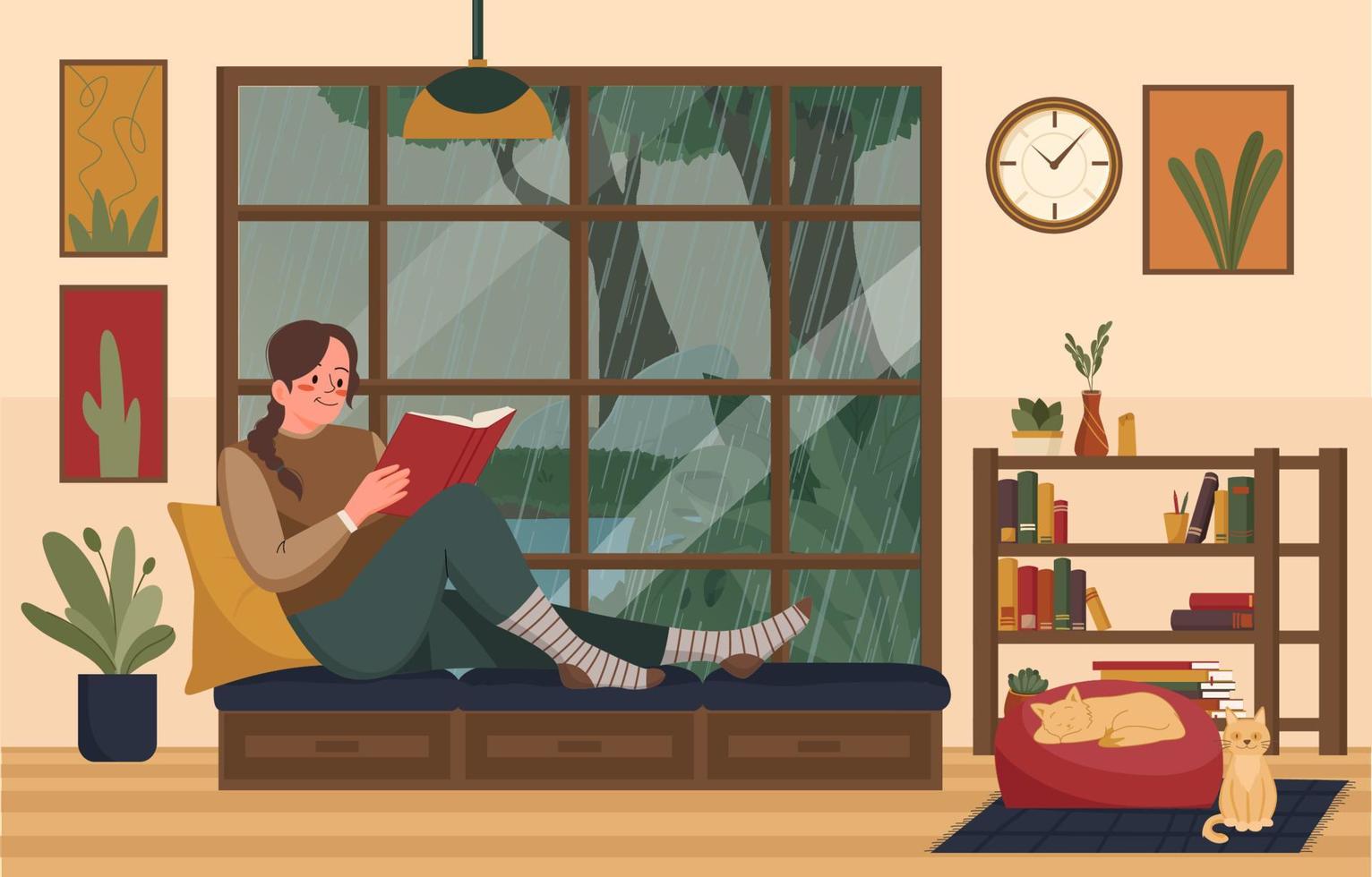 vrouw die een boek leest op een regenachtige dag vector