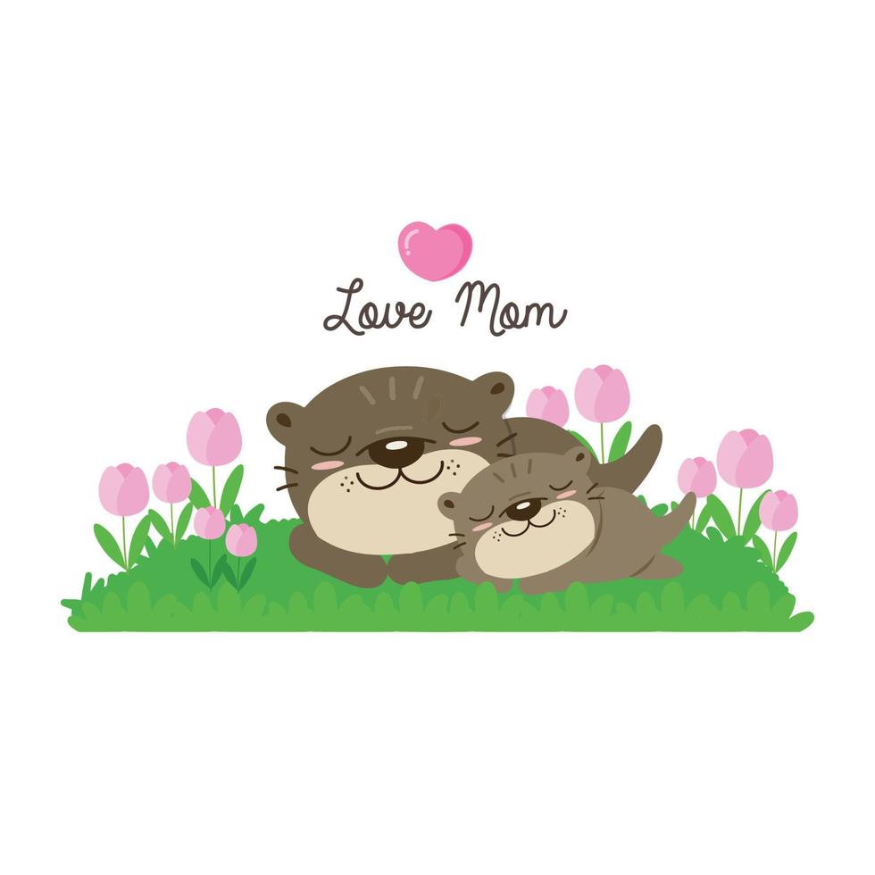 schattige otters voor moederdag. otters moeder en baby slapen op bloemenveld. vector