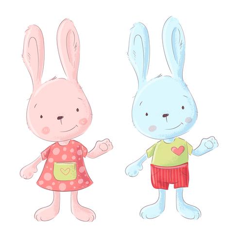 De illustratie van het beeldverhaal van leuke twee konijntjes een jongen en een meisje. Vector illustratie