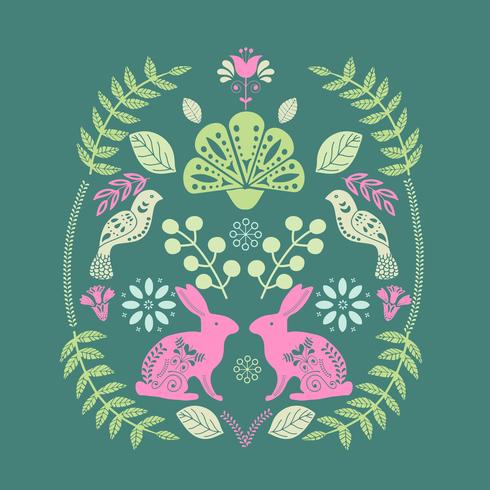 Scandinavisch volkskunst printbaar patroon met konijntjes en bloemen vector