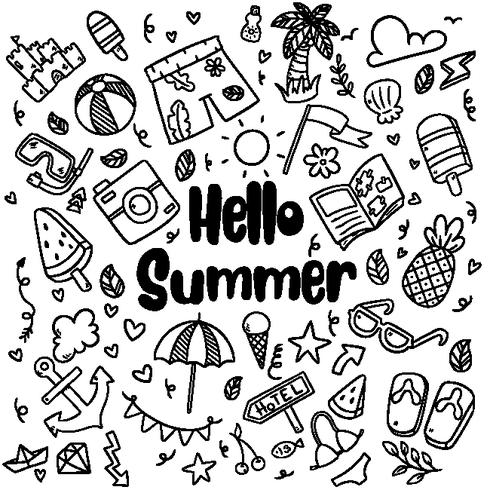 hand getrokken zomer strand doodles geïsoleerde vector symbolen en objecten Icon Set op schoolbord