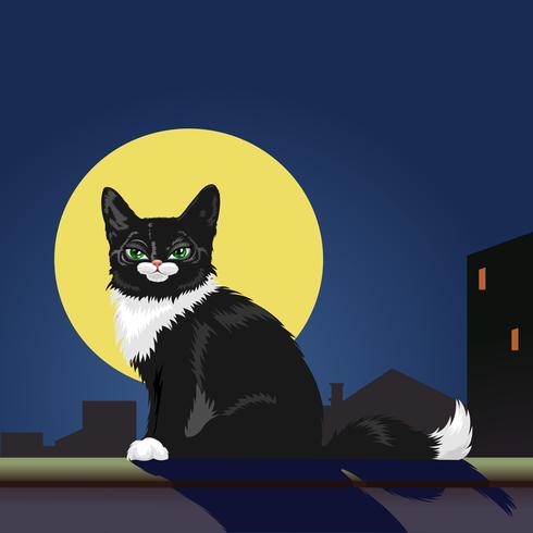 Zwarte kat op dak. Een zwarte kat op het dak kijkt naar de volle maan. Er zijn gebouwen op de achtergrond. vector