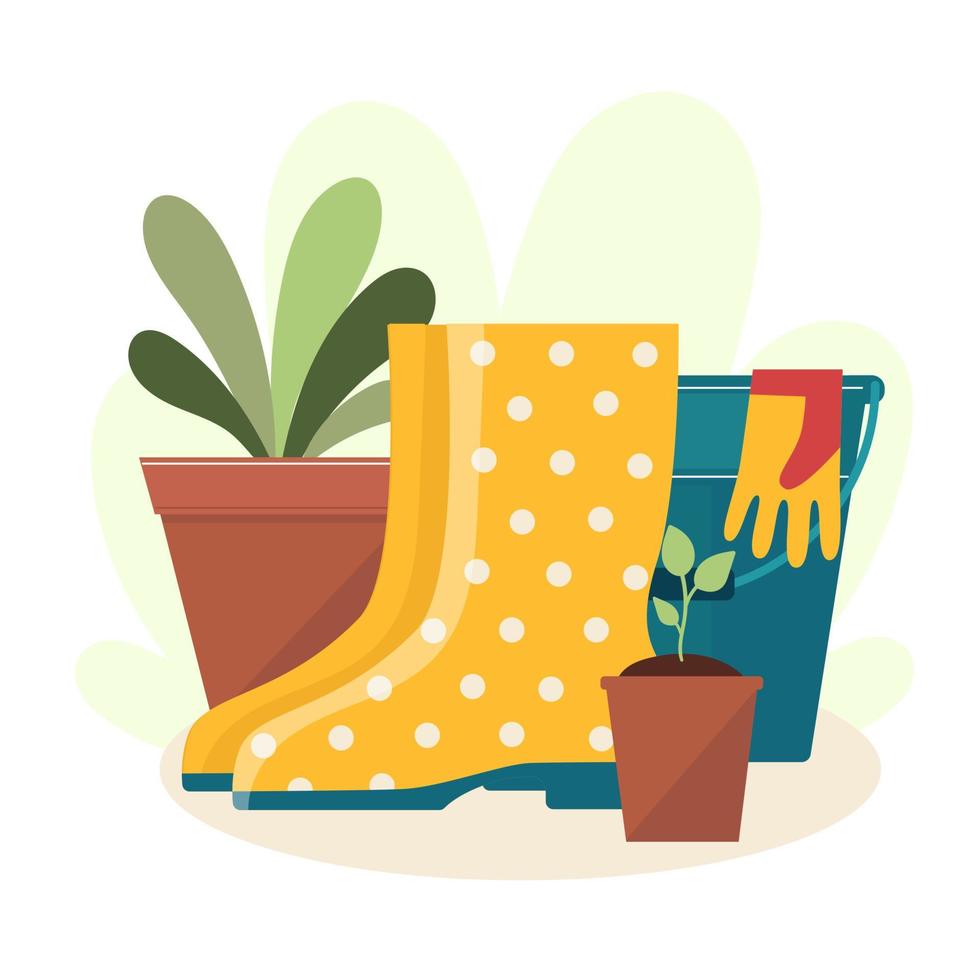 tuin tool.composition van rubberen laarzen, een pot met een plant, een emmer en handschoenen.spring planting.flat vectorillustratie vector