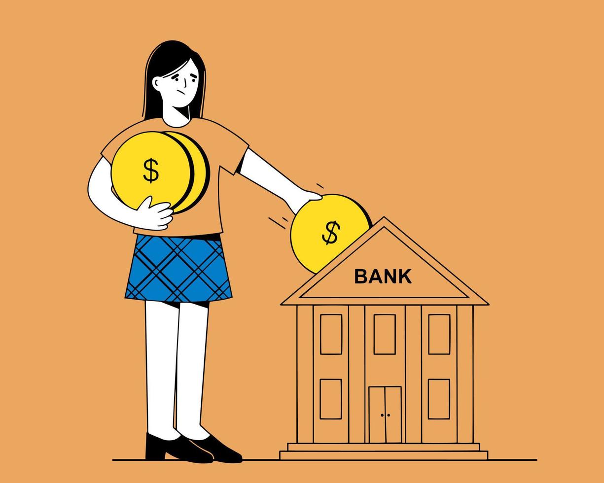 vrouw betaalt banklening. betaaldag, stortingsdatum. vrouw geeft gouden munten aan de bank. vector