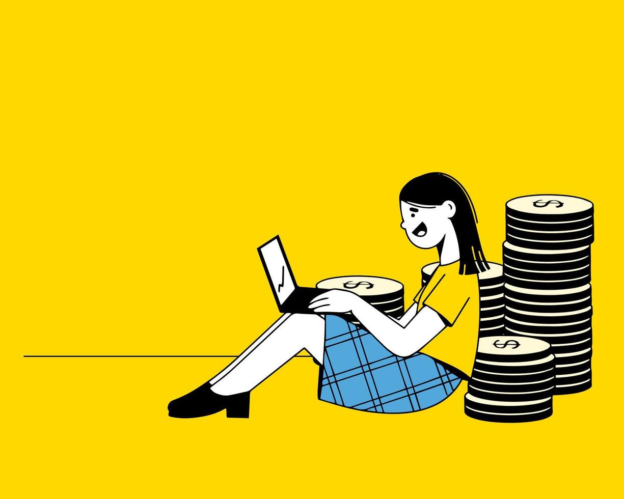 vrouw werkt thuis, laptop in haar handen, stapel gouden munten achter haar rug. vector