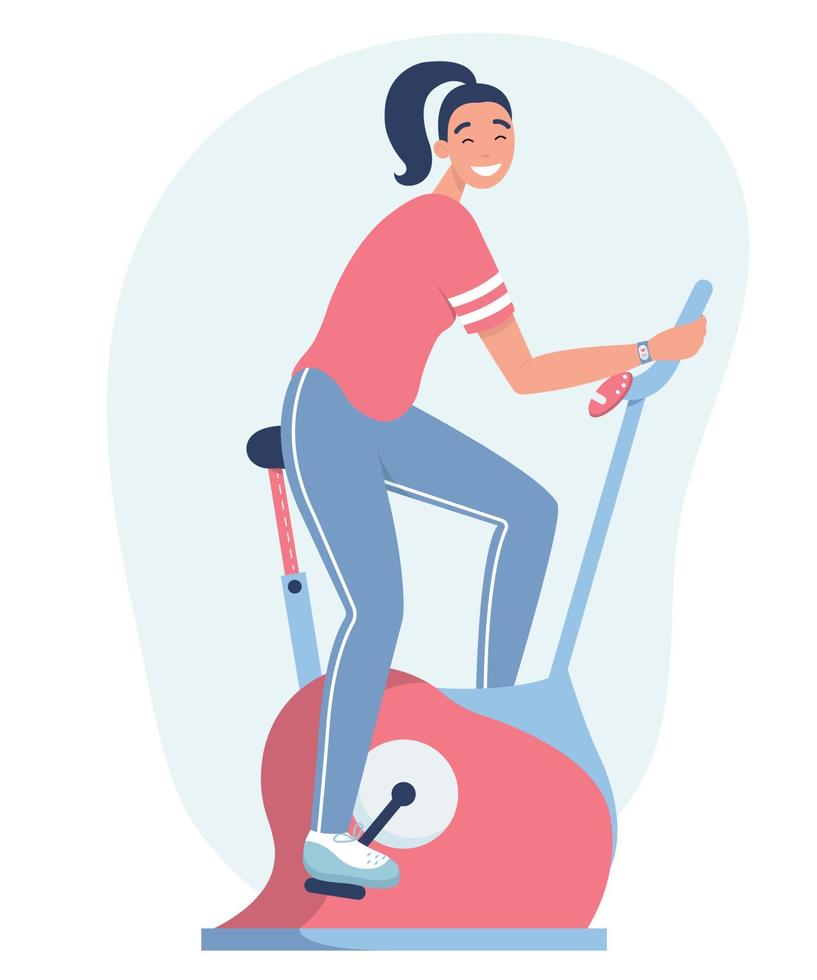 vrouw fietsen op stationaire fiets. cardiotraining op gymmachine. meisje traint zijn uithoudingsvermogen op fietsuitrusting. platte vectorillustratie op een witte achtergrond. vector