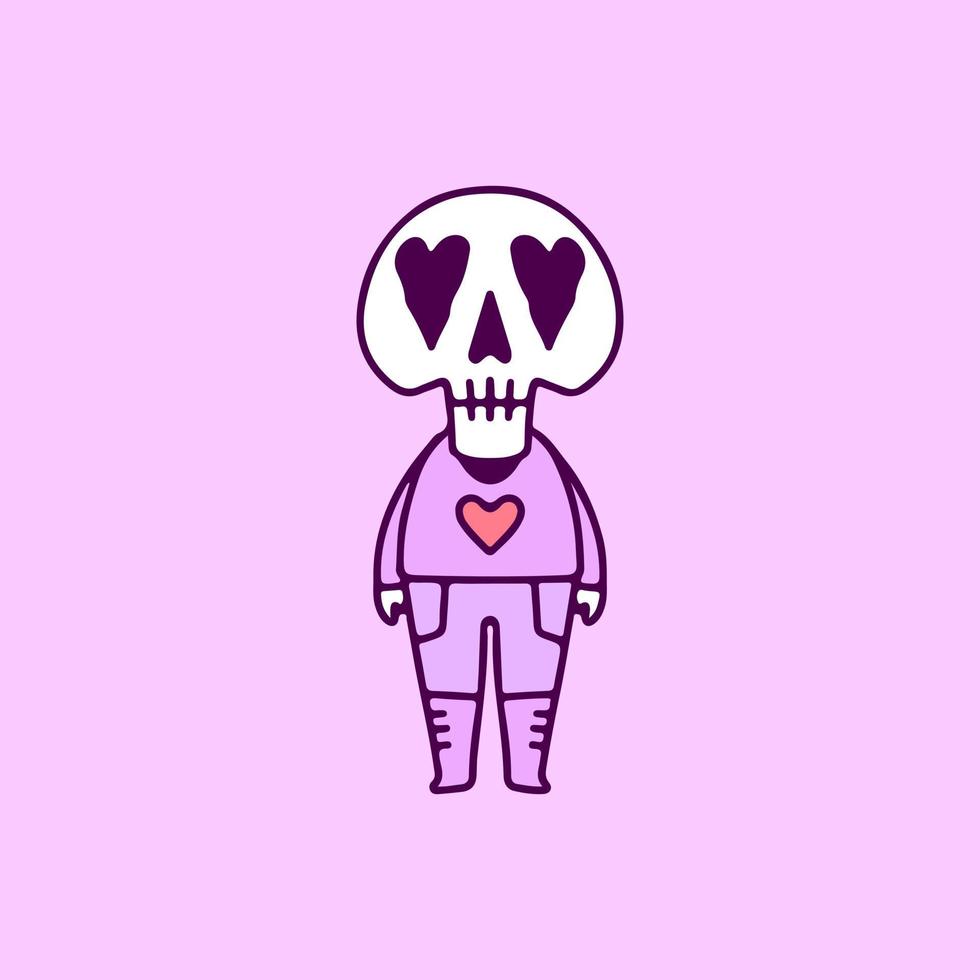 trendy schedel die kleding draagt met liefdessymbool, illustratie voor t-shirt, poster, sticker of kledingskoopwaar. met cartoon-stijl. vector