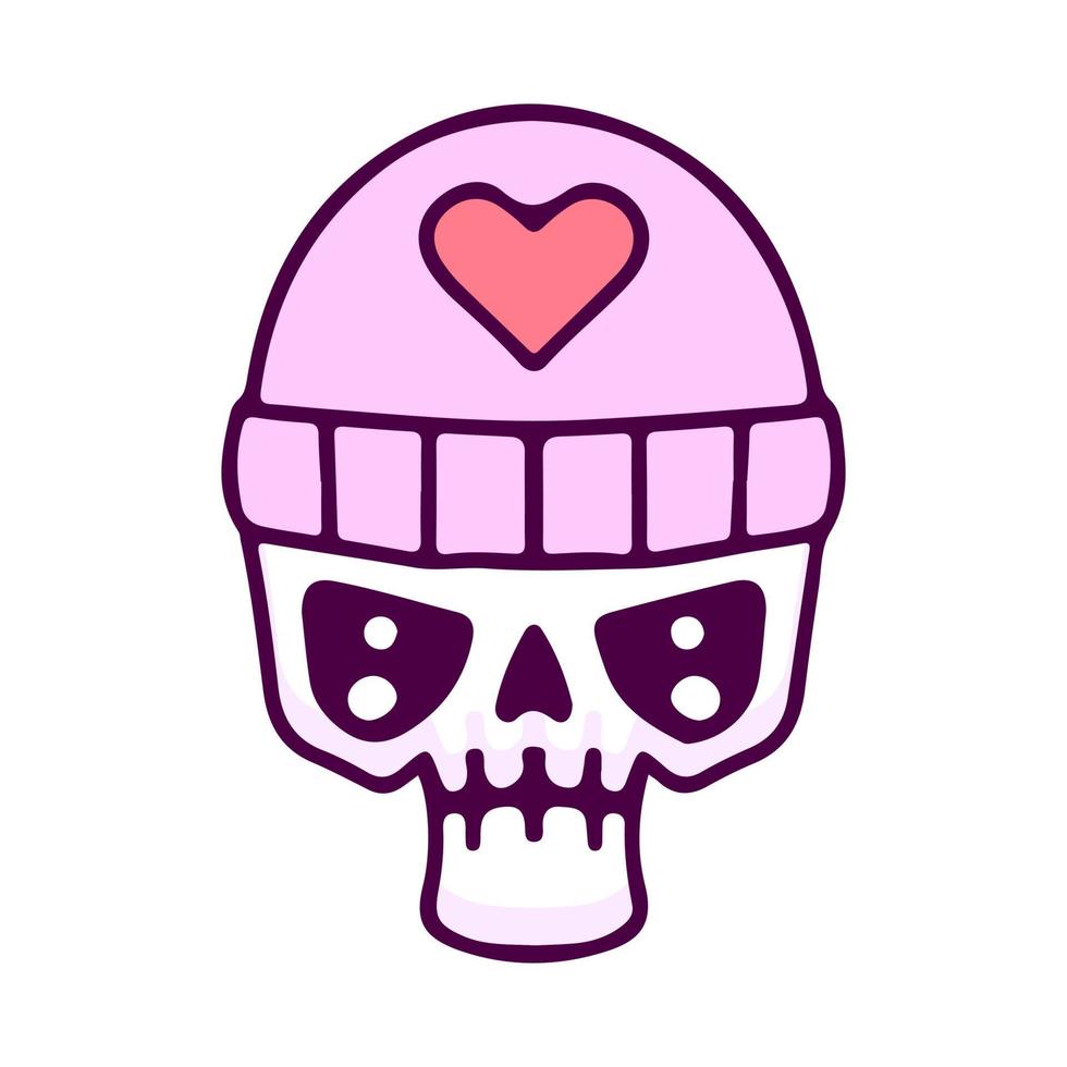 schedel hoofd in beanie muts met liefde symbool, illustratie voor t-shirt, poster, sticker of kleding koopwaar. met cartoon-stijl. vector