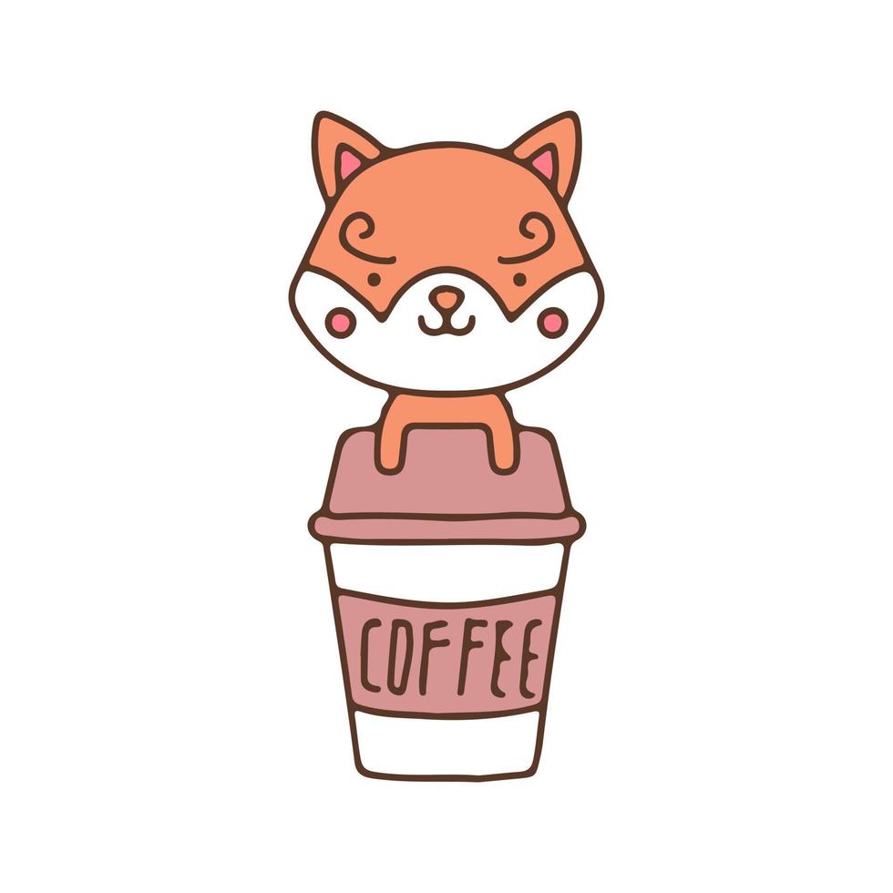 schattige shiba inu met kopje koffie mascotte karakter. illustratie voor sticker en t-shirt. vector