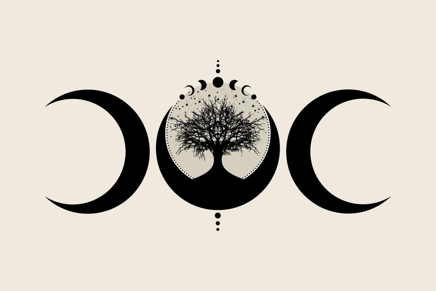 heilige boom en wassende maan. handgetekende mystieke maanstanden, levensboom, heilige geometrie. Wicca banner oud teken, energie cirkel, boho stijl vector geïsoleerd op vintage background