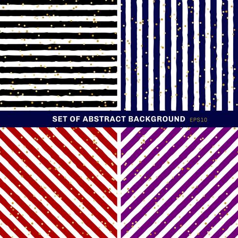 Set van abstracte zwart, blauw, rood, paars, wit gestreept op trendy achtergrond met willekeurige gouden folie stippen patroon. U kunt gebruiken voor wenskaart of inpakpapier, textiel, verpakking, etc. vector