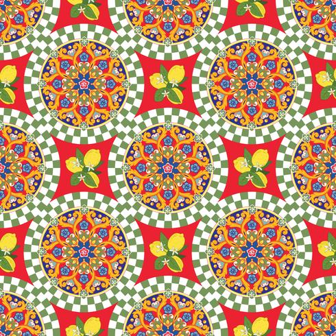 Naadloze patroonachtergrond. Kleurrijke etnische ronde siermandala met citroenen. Vector illustratie