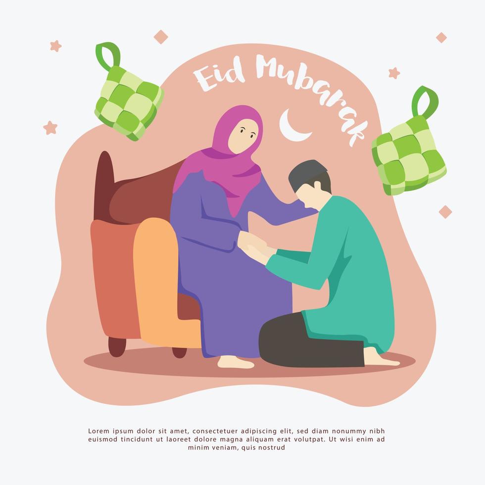 zoon verontschuldigt zich bij ouders groet eid ramadan illustratie cartoon vector