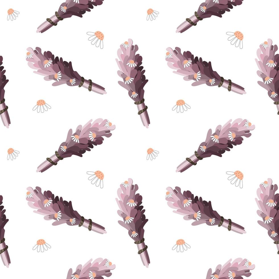 naadloos patroon met kruiden smudge stick en witte bloemen vector