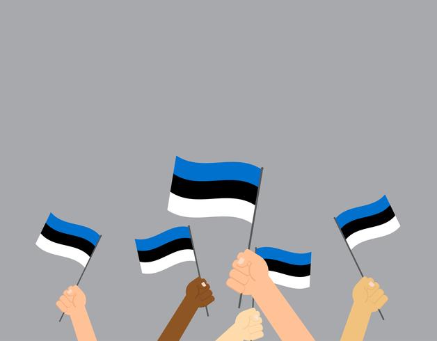 Vectorillustratieg handen die de vlaggen van Estland houden die op grijze achtergrond worden geïsoleerd vector