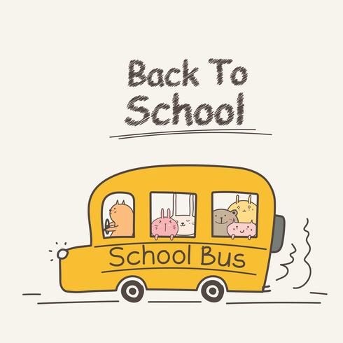 Terug naar school Concept met schoolbus. Schattige dieren vectorillustratie. vector