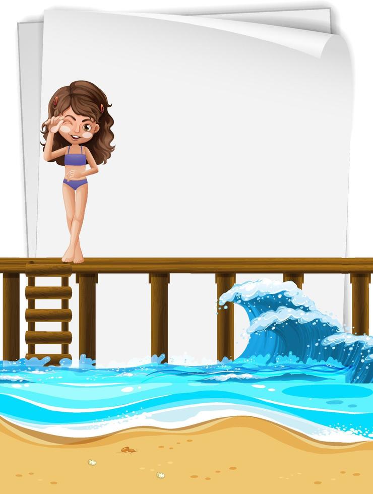 een meisje in zwempak dat op een houten pier staat vector