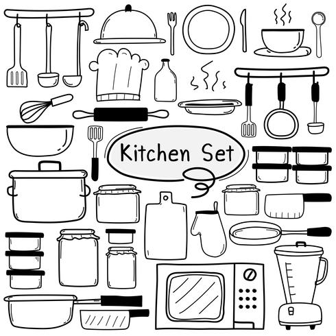 Line Hand Drawn Doodle Vector Kitchen Set inclusief kookgerei. Vector illustratie.