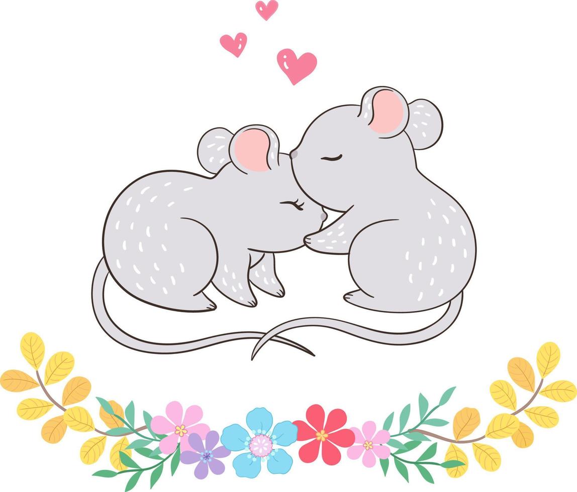 twee kussende muisjes, versierd met bloemen vector