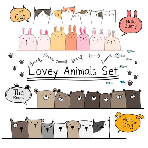 Hand getrokken Doodle schattige dieren Set. Inclusief beer, kat, konijn en honden. Vector illustratie.