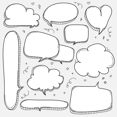 Hand getrokken bubbels Set. Doodle stijl komische ballon, wolk, hartvormige ontwerpelementen. vector