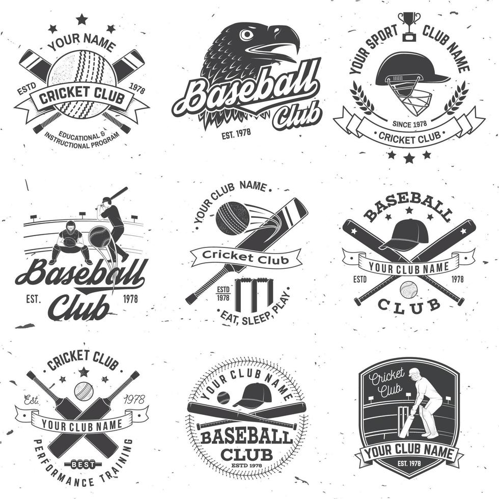 set cricket- en honkbalclubbadges. vector. concept voor shirt, print, stempel of tee. sjablonen voor sportclub. vector