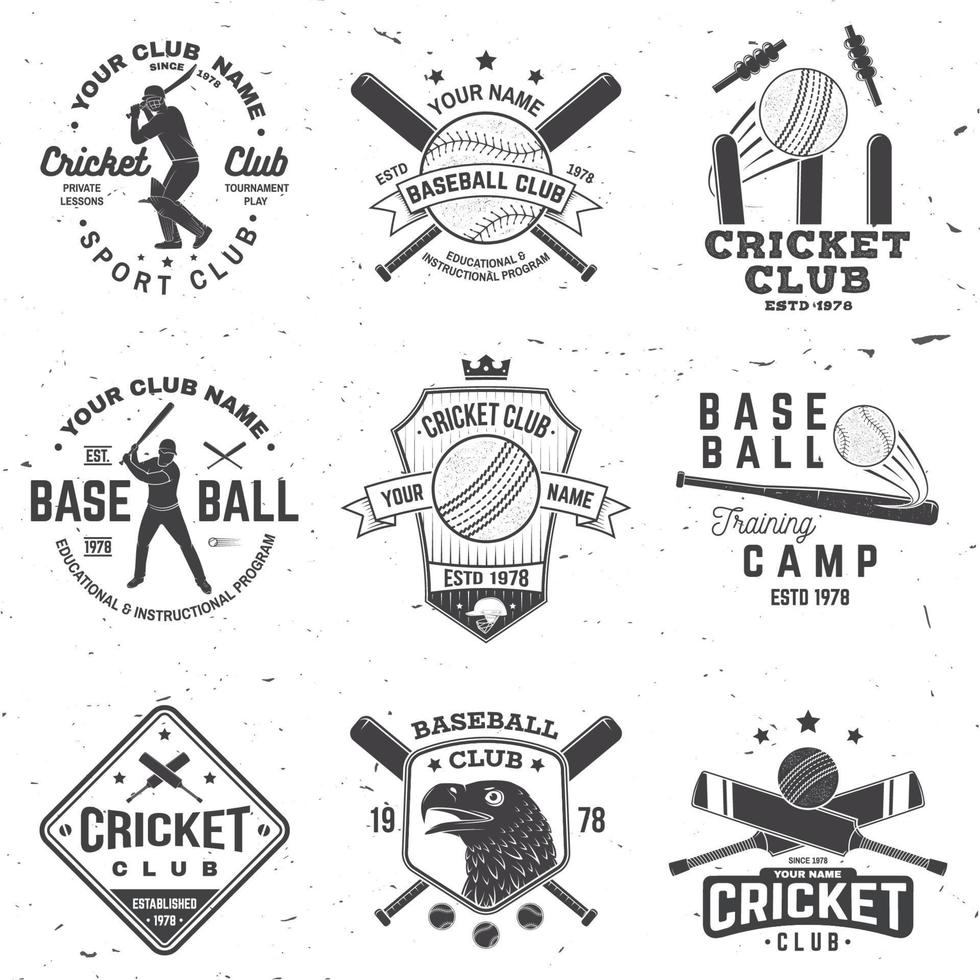 set cricket- en honkbalclubbadges. vector. concept voor shirt, print, stempel of tee. sjablonen voor sportclub. vector