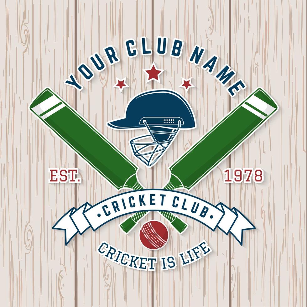 cricket club badge. vector. concept voor shirt, print, stempel of tee. vintage typografie design met cricket bat, helm en bal silhouet. sjablonen voor sportclub. vector