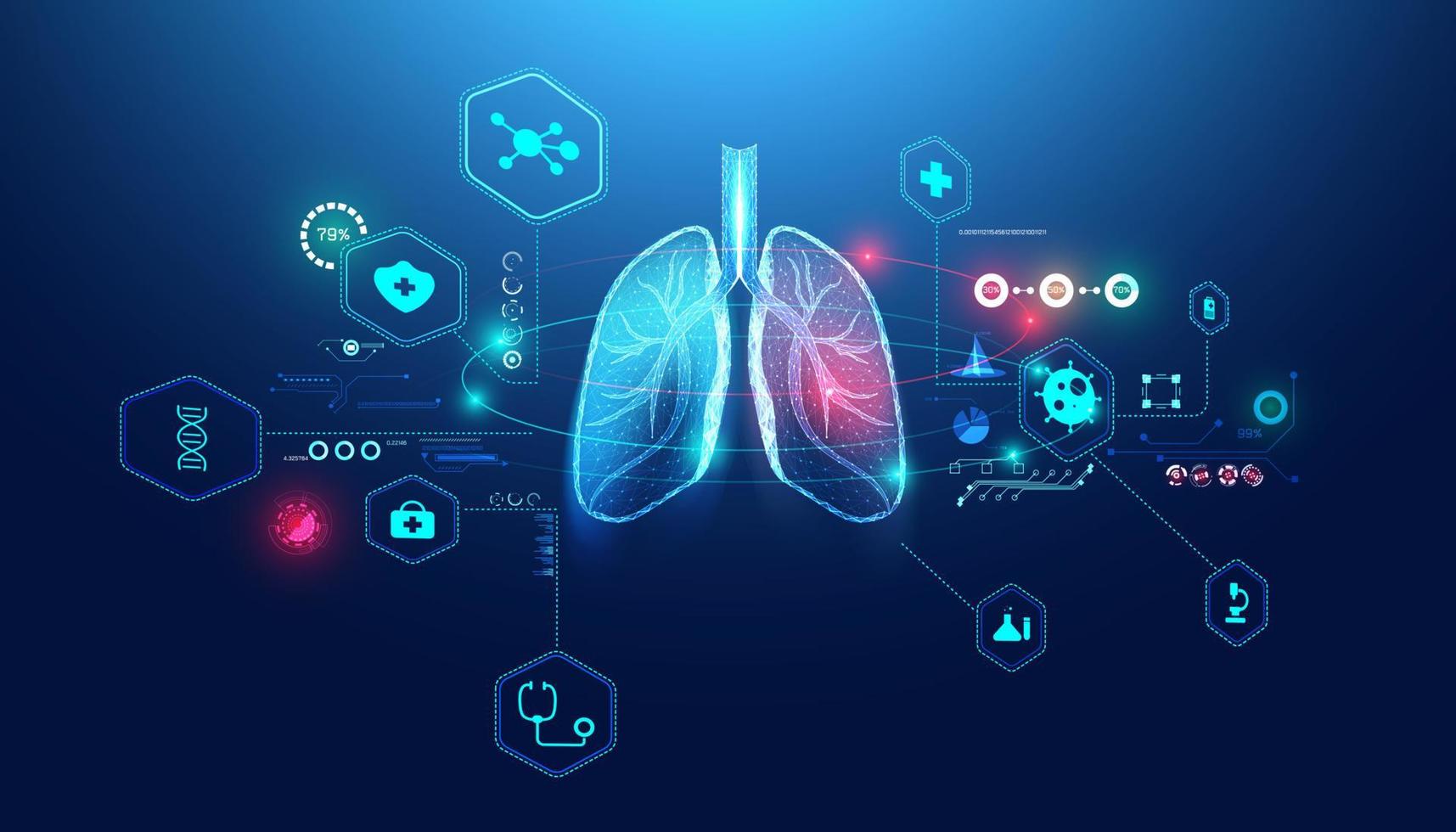 abstracte futuristische menselijke longen draadframe blauw digitaal punt dat conceptanalyse en diagnose van longziekten, luchtwegaandoeningen, longgezondheid, medische zorg voor patiënten verbindt. vector