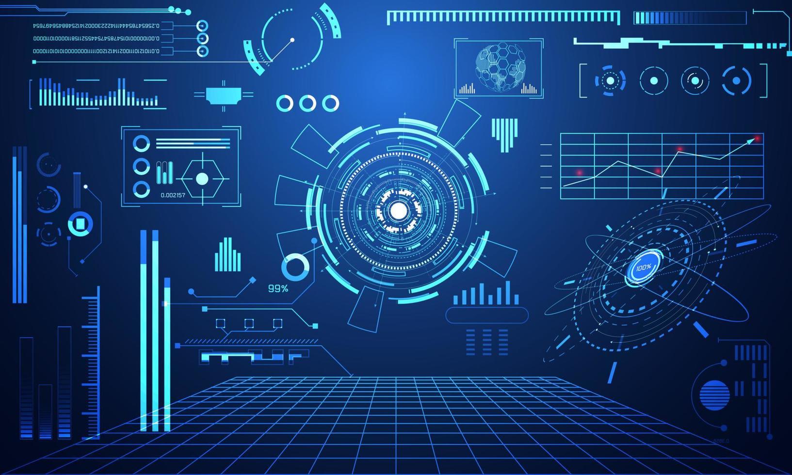 abstracte technologie ui futuristisch concept hud interface hologramelementen van digitale gegevensgrafiek, communicatie, computing en cirkel procent vitaliteitsinnovatie op hi-tech toekomstige ontwerpachtergrond vector