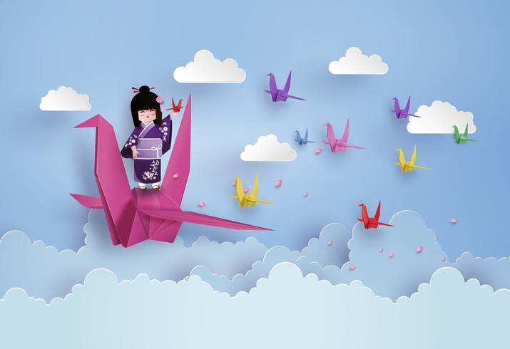 Japanse meisjes die nationale kleding en origamivogel dragen die op de hemel met clound vliegen. vector