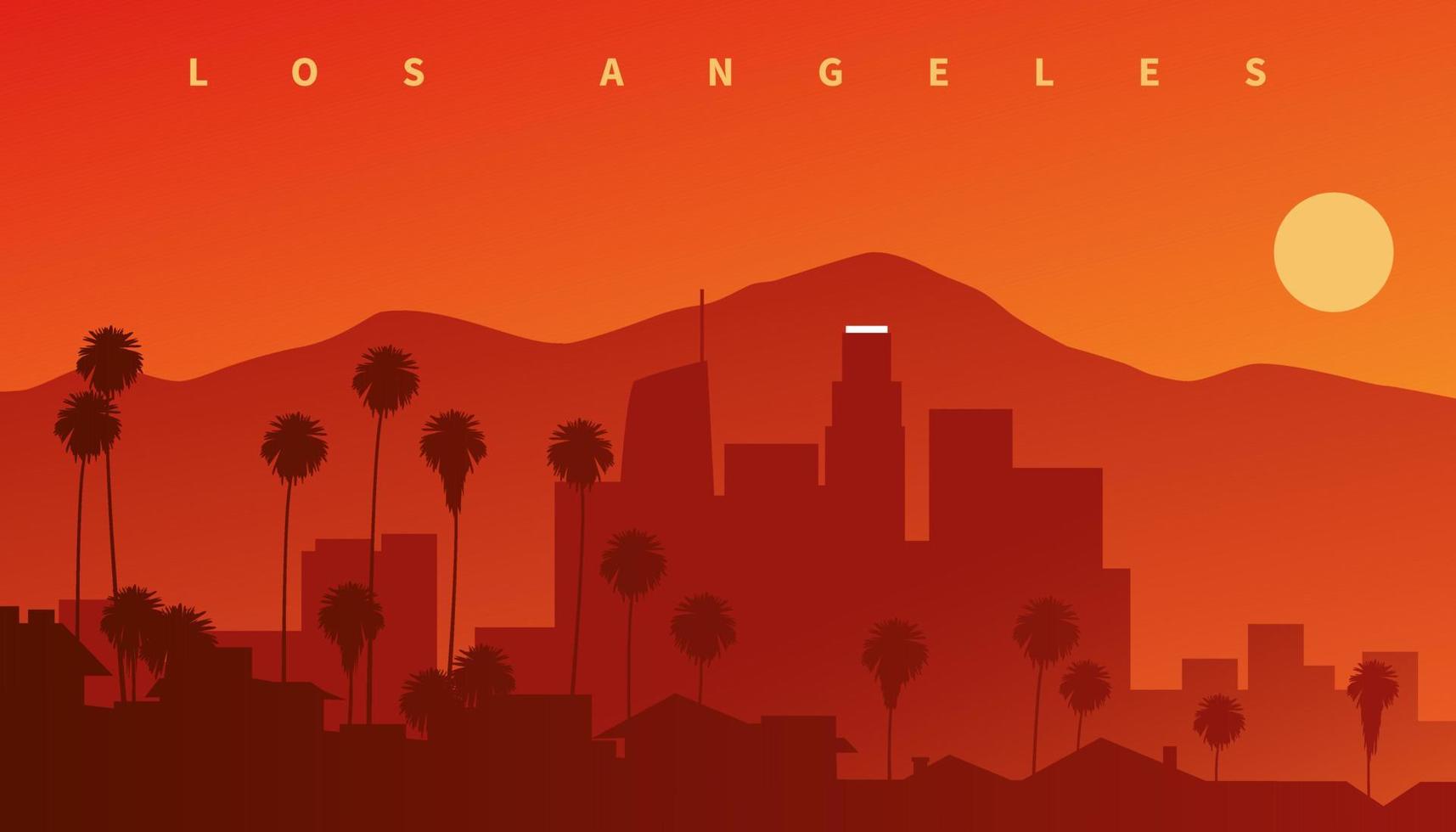 het centrum van los angeles bij zonsondergang. skyline silhouet met bergen op de achtergrond en palmen op de voorgrond, californië, usa vector