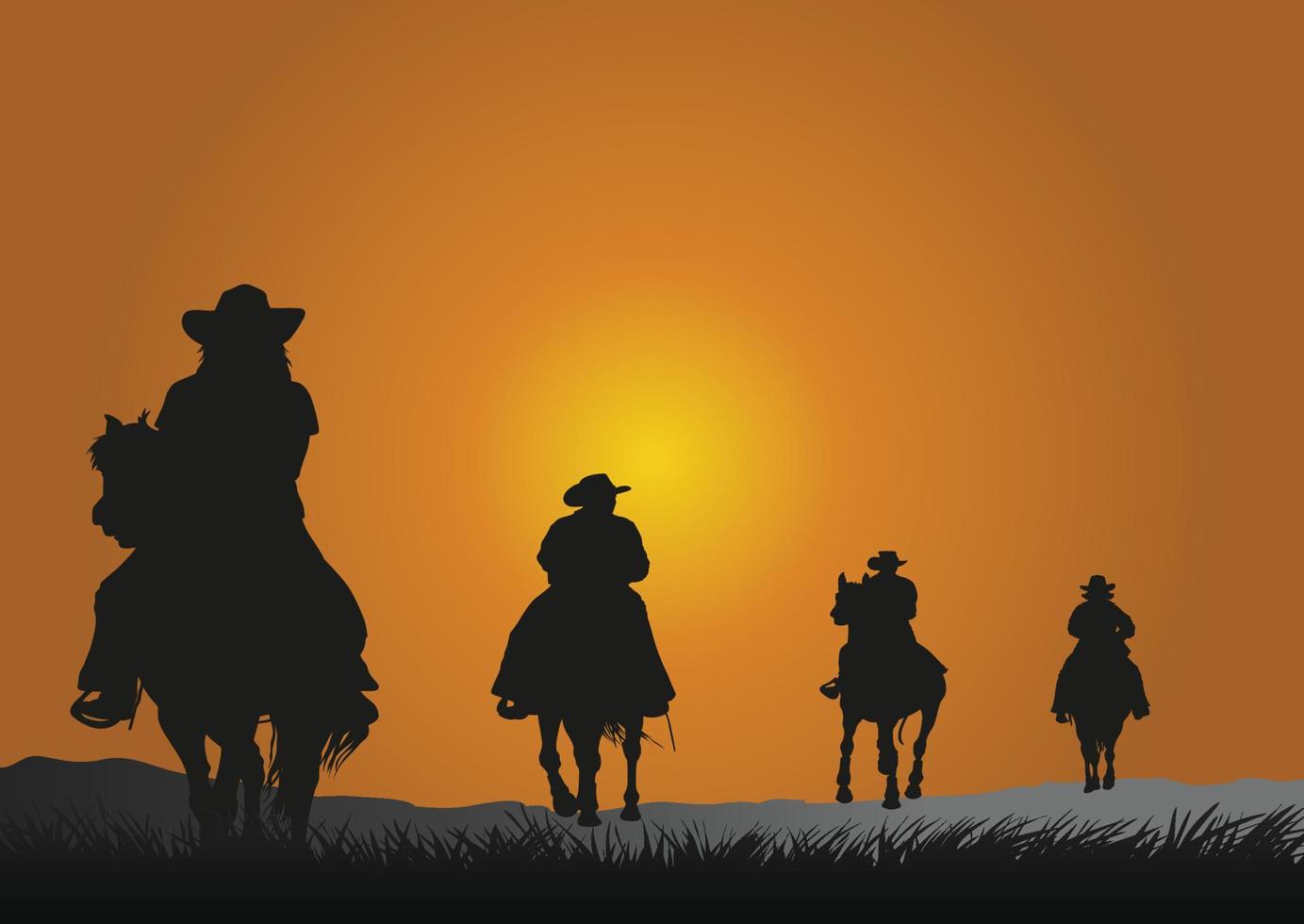 silhouet van cowboys die paarden berijden bij zonsondergang vector