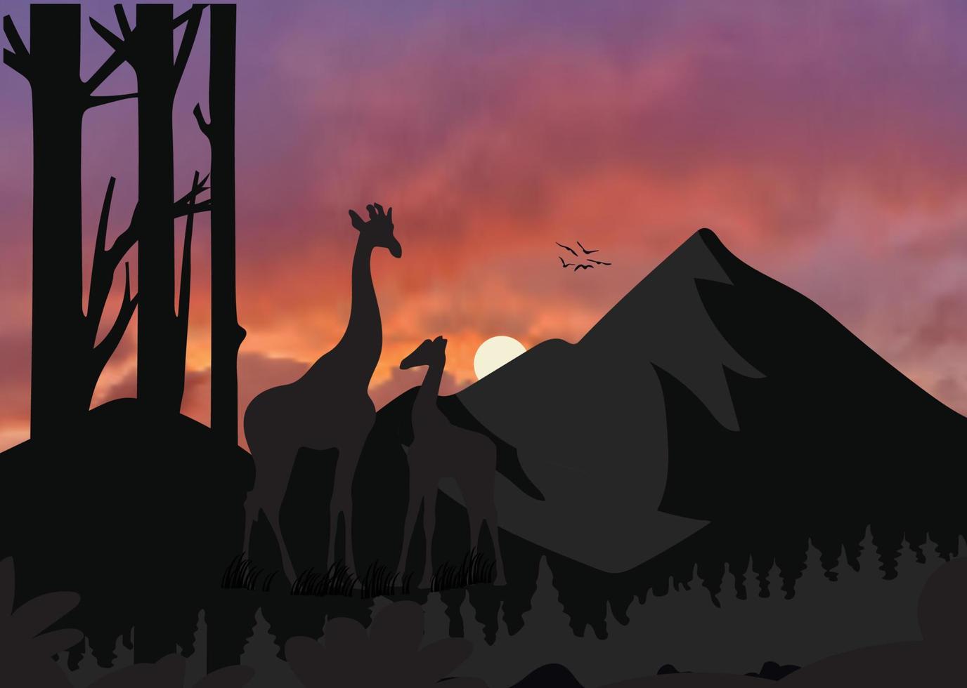 giraf kind silhouet moeder in de bergen vector