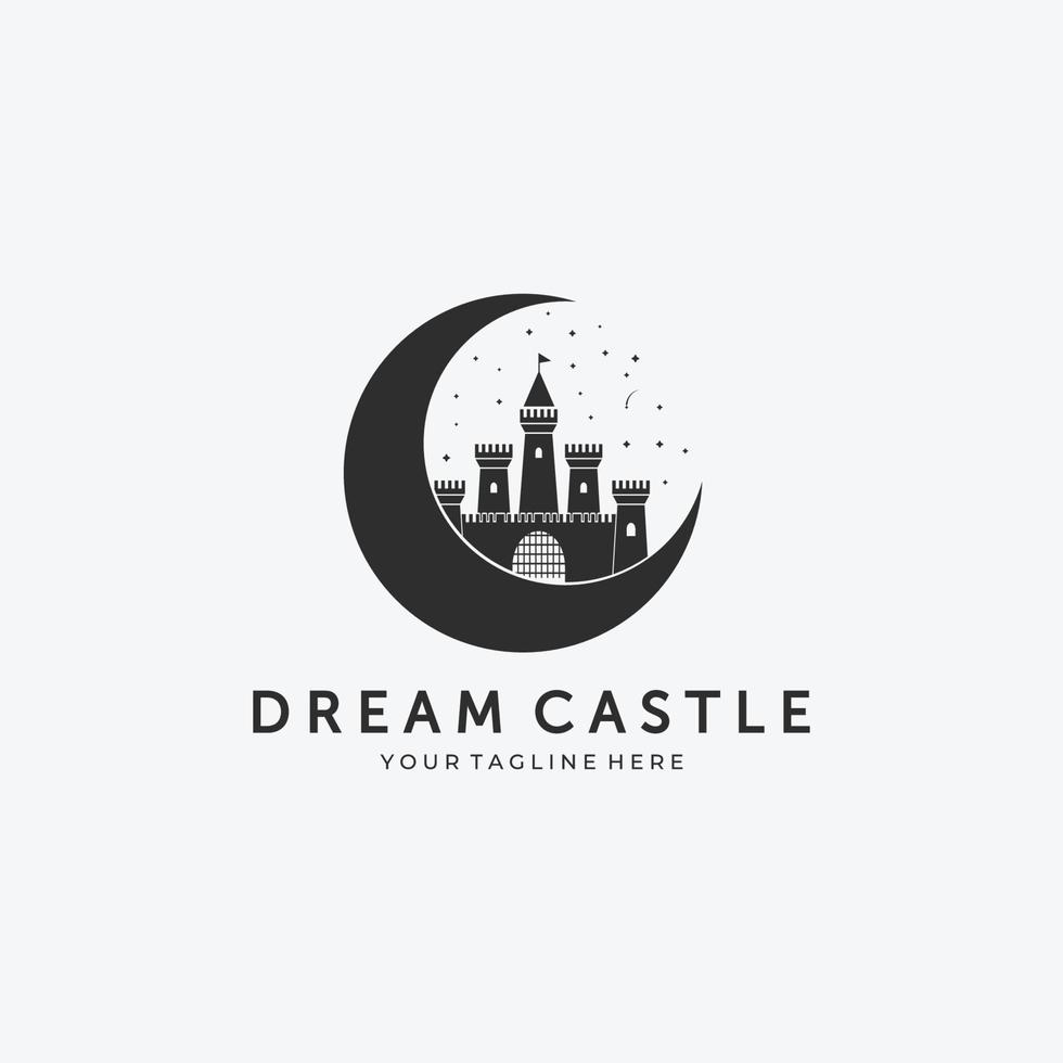 maan droom kasteel logo vector ontwerp vintage illustratie, perfecte maan, mooie droom kasteel