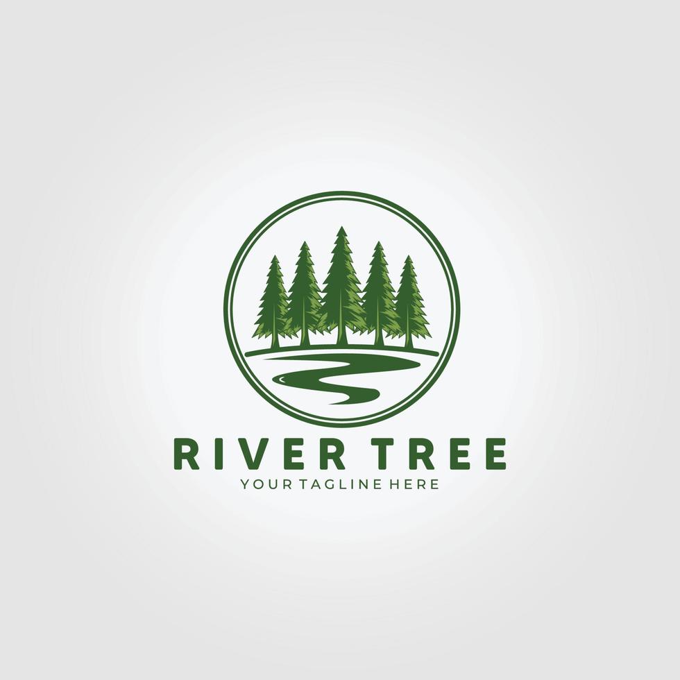 embleem rivier dennenboom logo pictogram vintage illustratie vector design