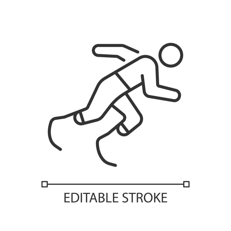 atletiek lineaire pictogram. sportman loopt over de baan. enkele sportcompetitie. gehandicapte atleet. dunne lijn aanpasbare illustratie. contour symbool. vector geïsoleerde overzichtstekening. bewerkbare streek