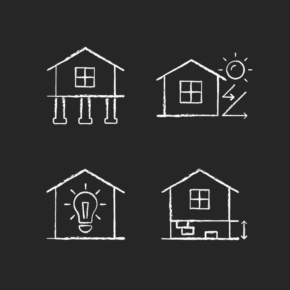 woningbouw krijt witte pictogrammen instellen op donkere achtergrond. paal fundering. thermische isolatie. elektriciteitsvoorziening. voldoende plinthoogte. geïsoleerde vector schoolbord illustraties op zwart