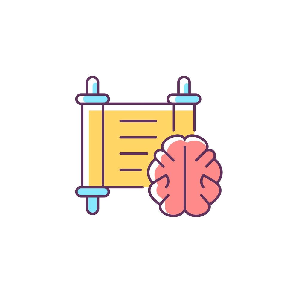 filosofie rgb kleur icoon. hersenen tegen de achtergrond van het oude manuscript. filosofie onderwijs. studie van fundamentele vragen. geïsoleerde vectorillustratie. eenvoudige gevulde lijntekening vector