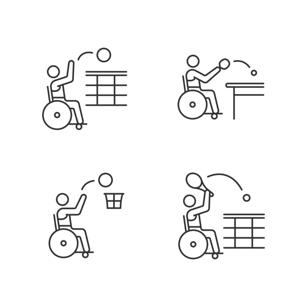 adaptieve rolstoel sport lineaire iconen set. professionele teamcompetities. sporter met een handicap. aanpasbare dunne lijncontoursymbolen. geïsoleerde vectoroverzichtsillustraties. bewerkbare streek vector